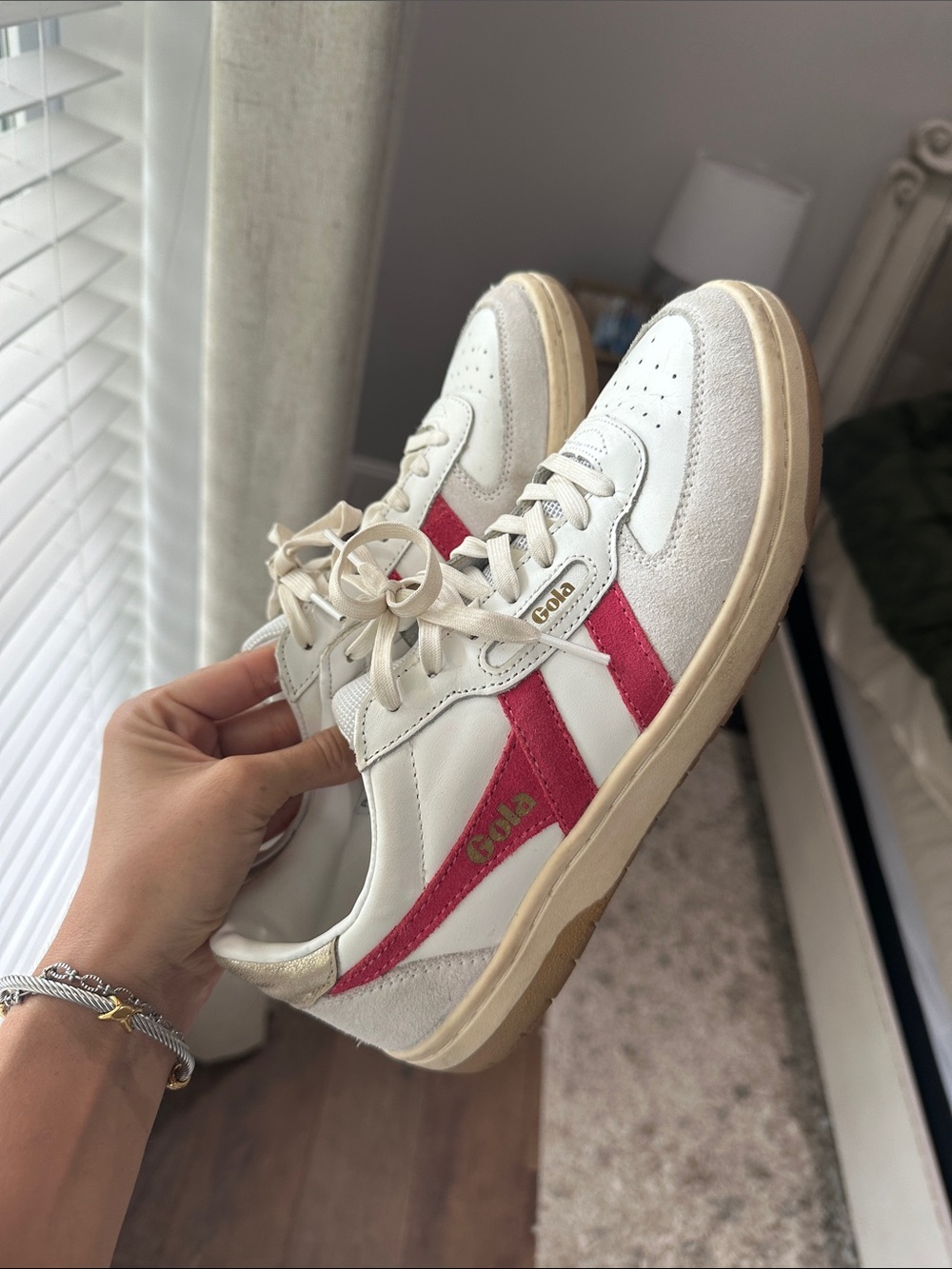 Gola Women's White Sneakers with Pink Stripe and Gold Logo